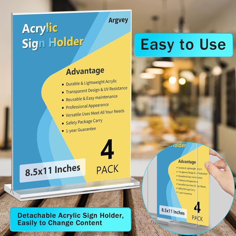 Argvey 4-Pack Acrylic Sign Holder, 8.5 x 11 Inch Vertical T Shape Table Display Stand, Double-Sided Clear Plastic Sign Holders for Paper, Menu, and Flyer, Ideal for Home, Office, Restaurants, and Stores - Image 3